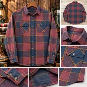 RVCA Mens Large Plaid Flannel Shirt Burgundy Blue Cotton Blend Skate Surf